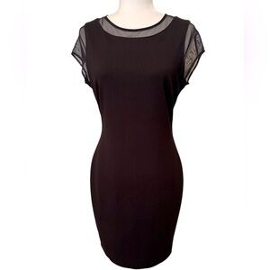 CACHE Black Sheath Dress with Sheer Neckline and Cap Sleeves Size 8